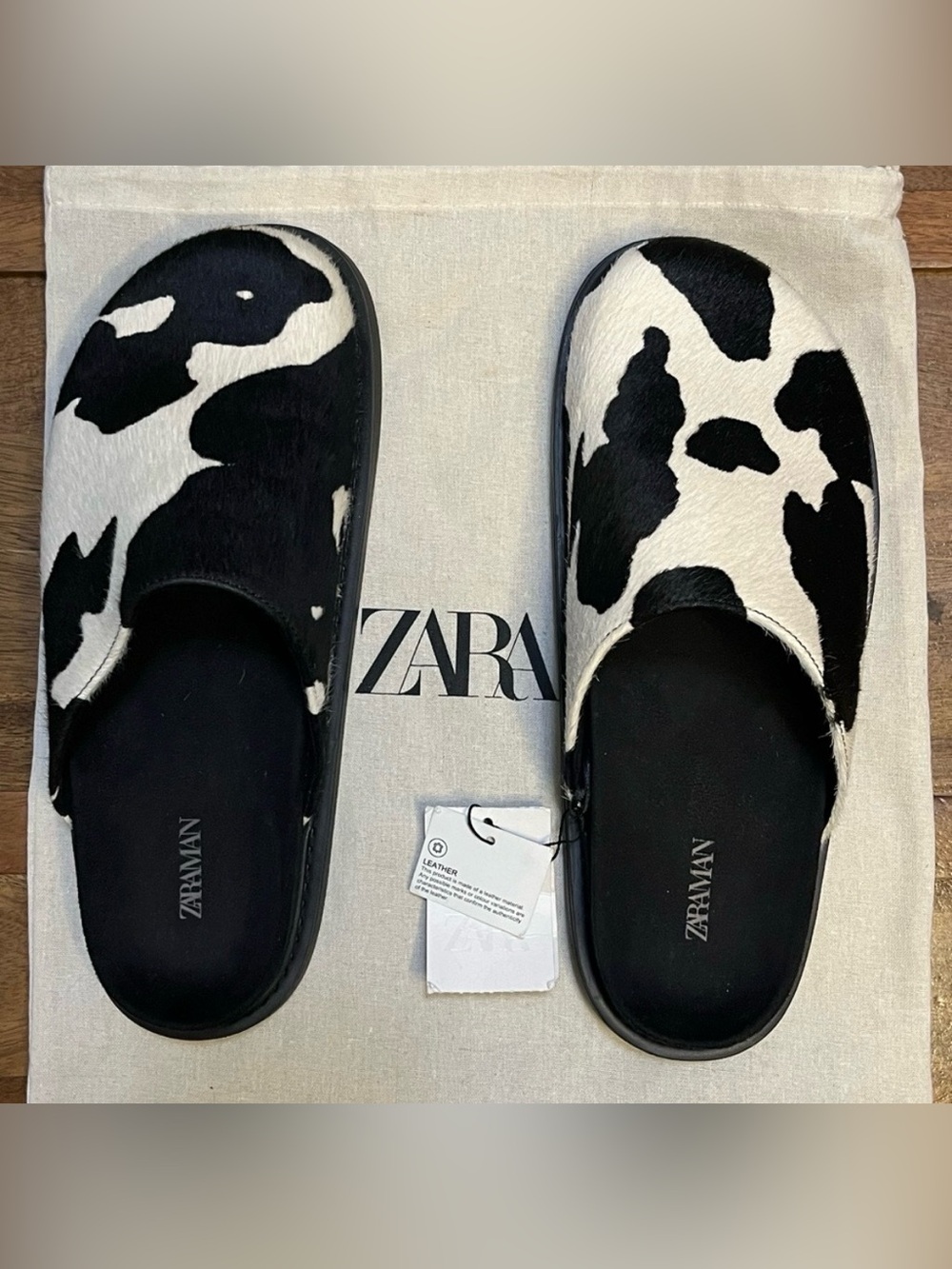 Zara Black and White Cow-Print Slide Mules